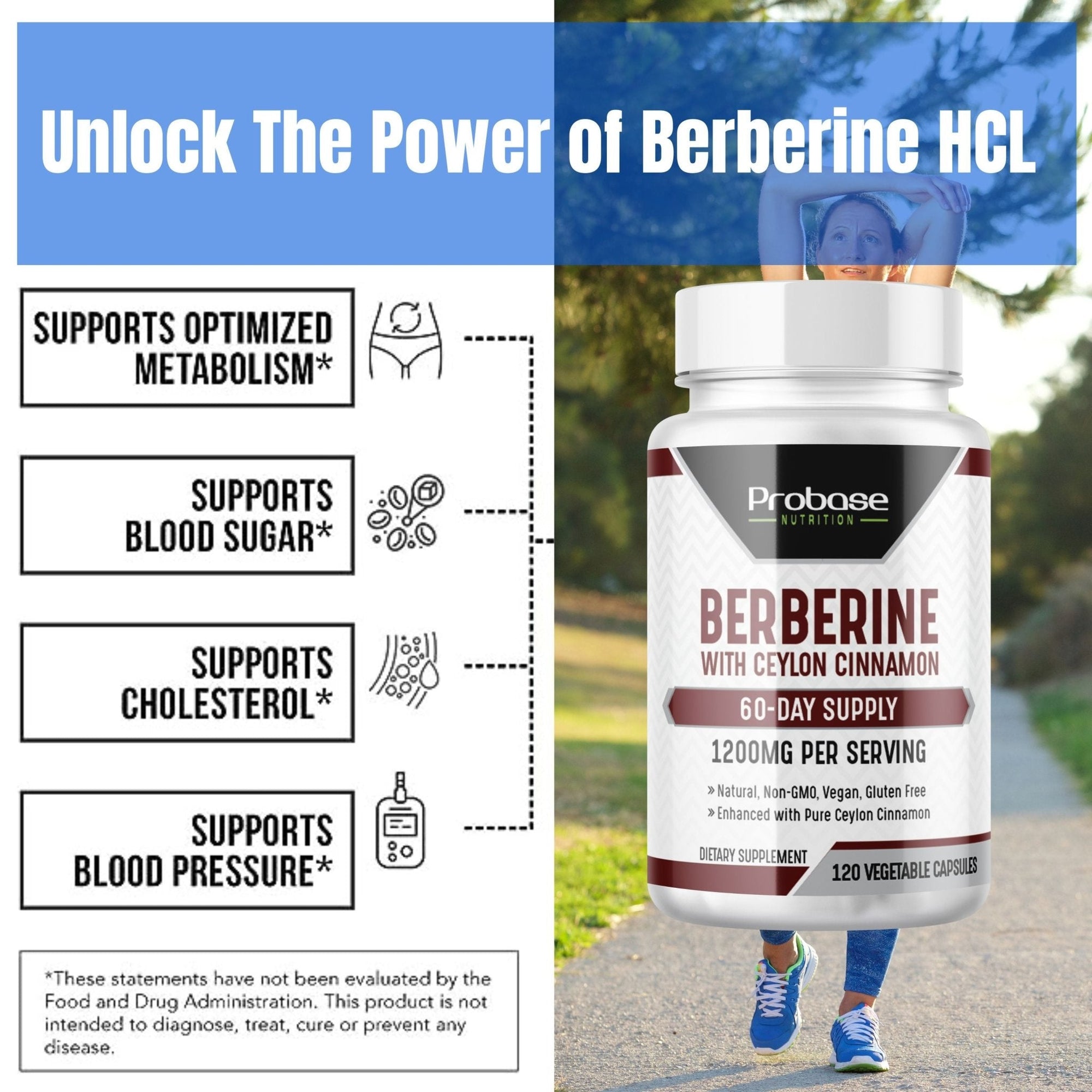 Berberine HCL supplement bottle with promotional text and a blurred background of a person running.
