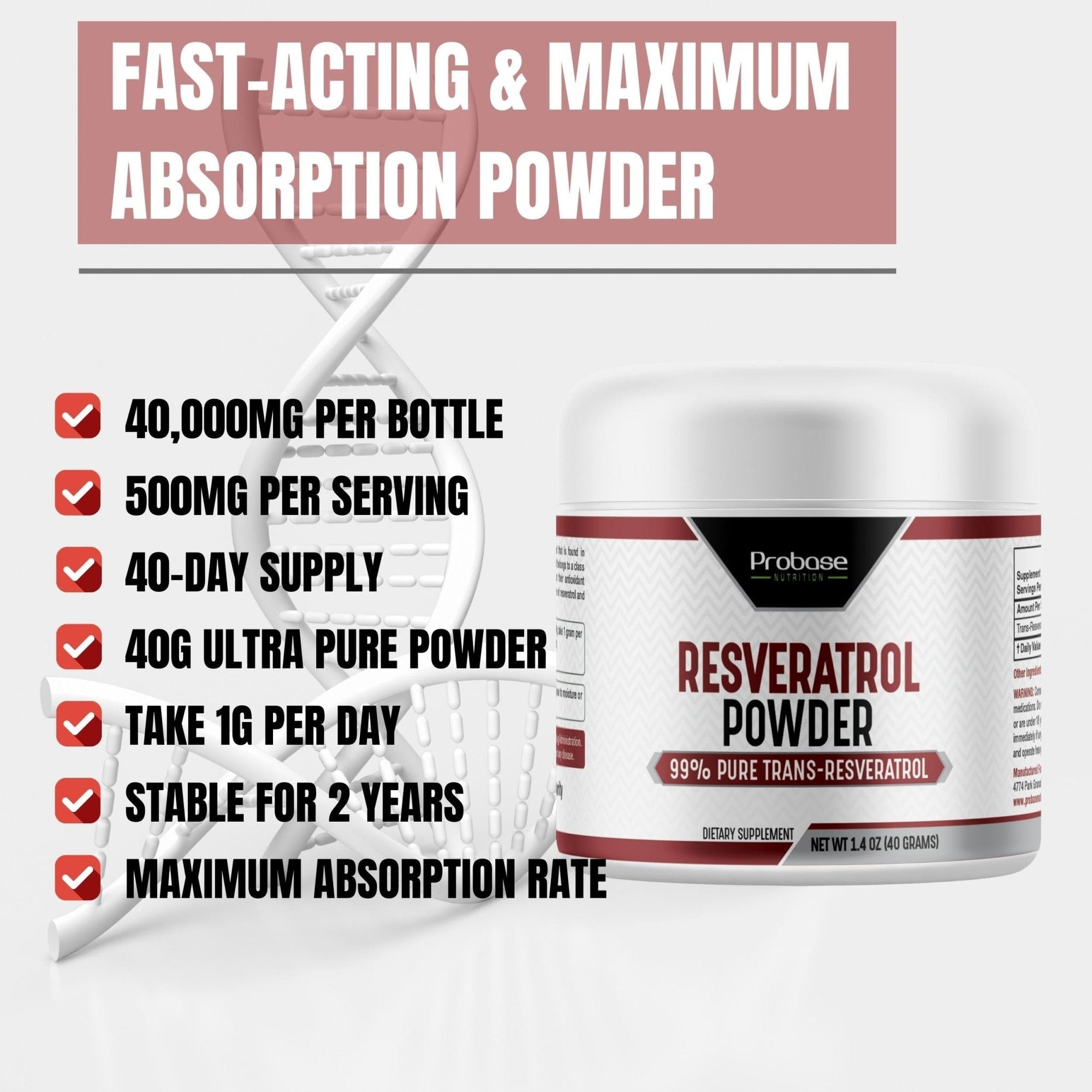 Resveratrol powder container with product details on a white background