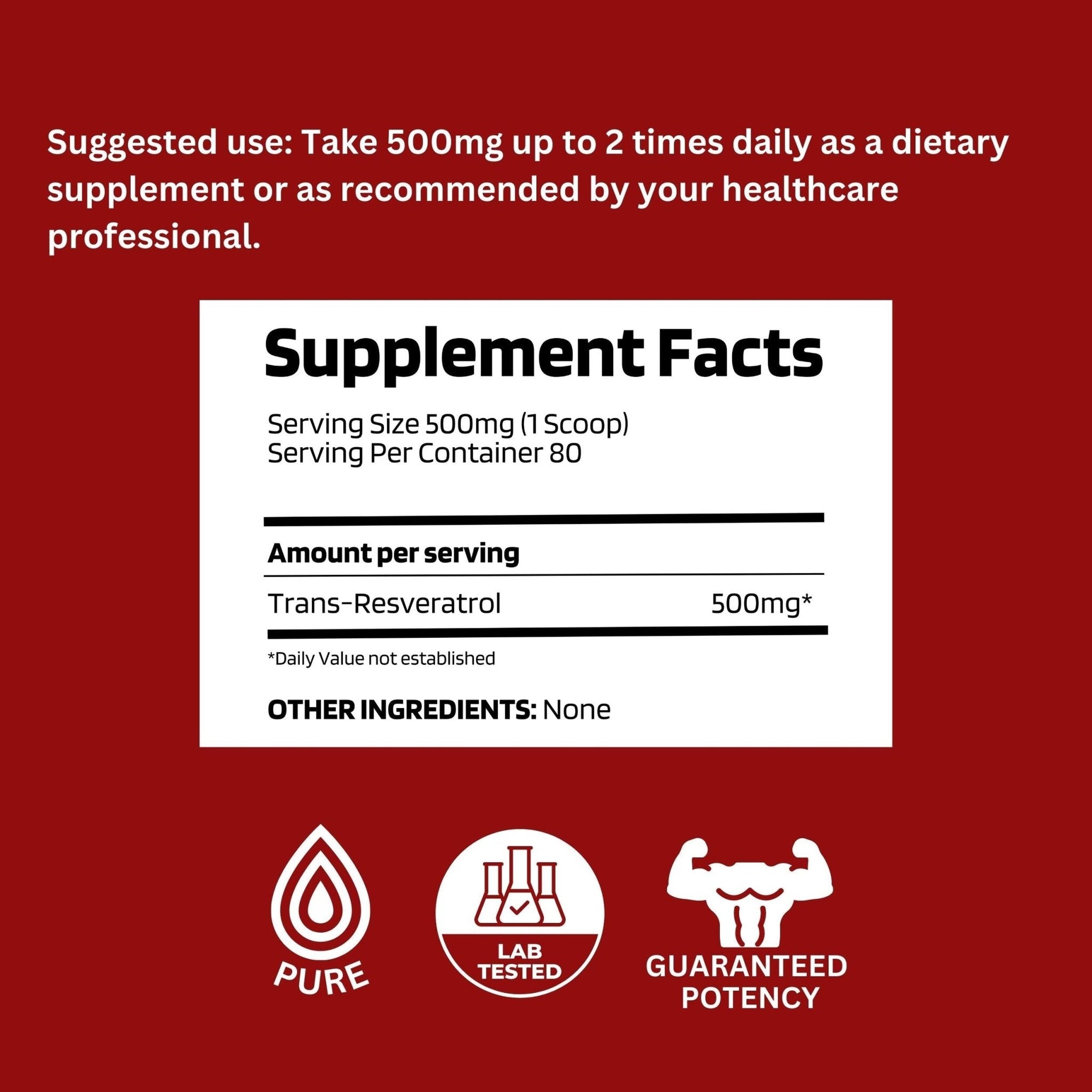 Supplement label with facts and icons on a red background