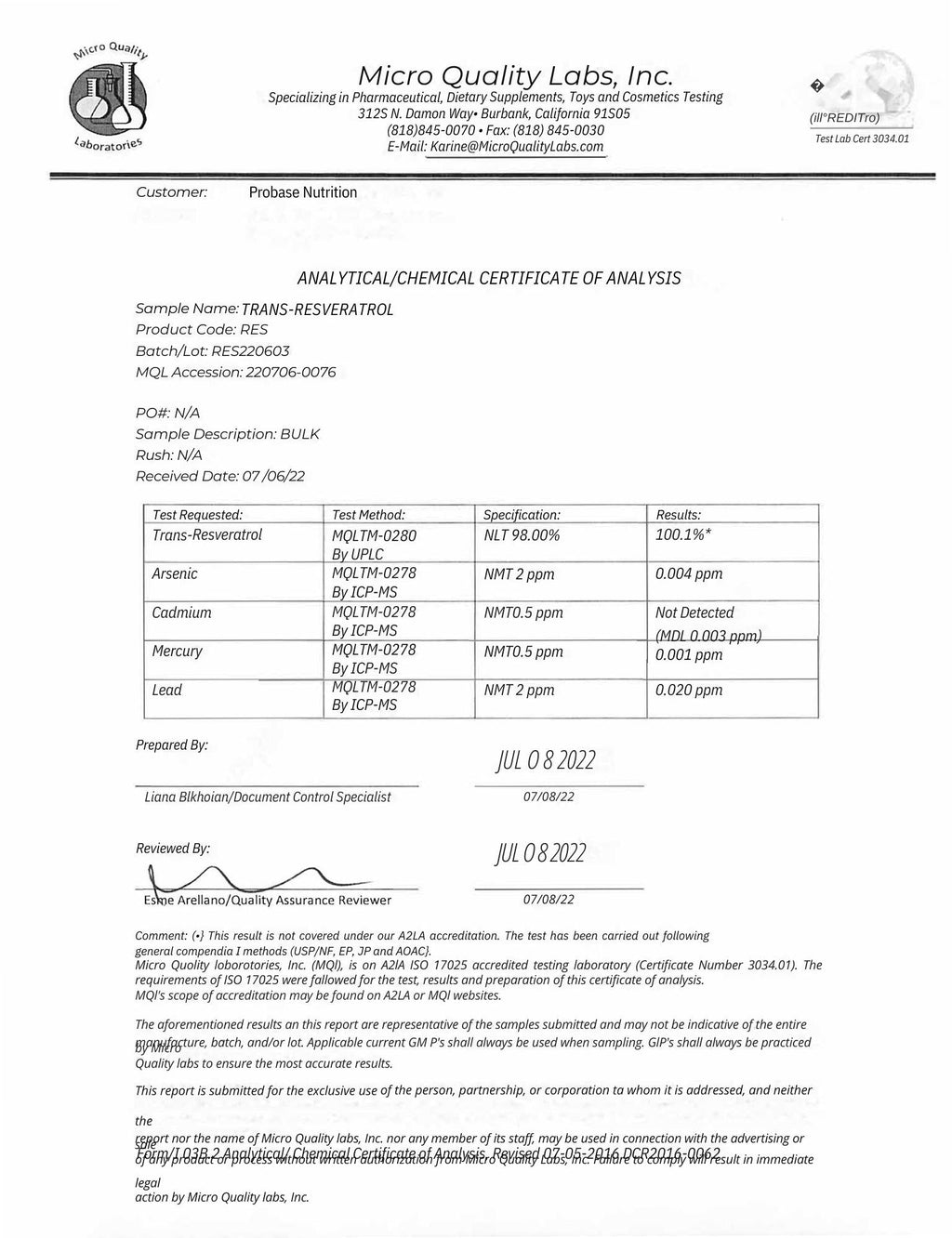 Analytical chemical certificate of analysis from Micro Quality Labs Inc.