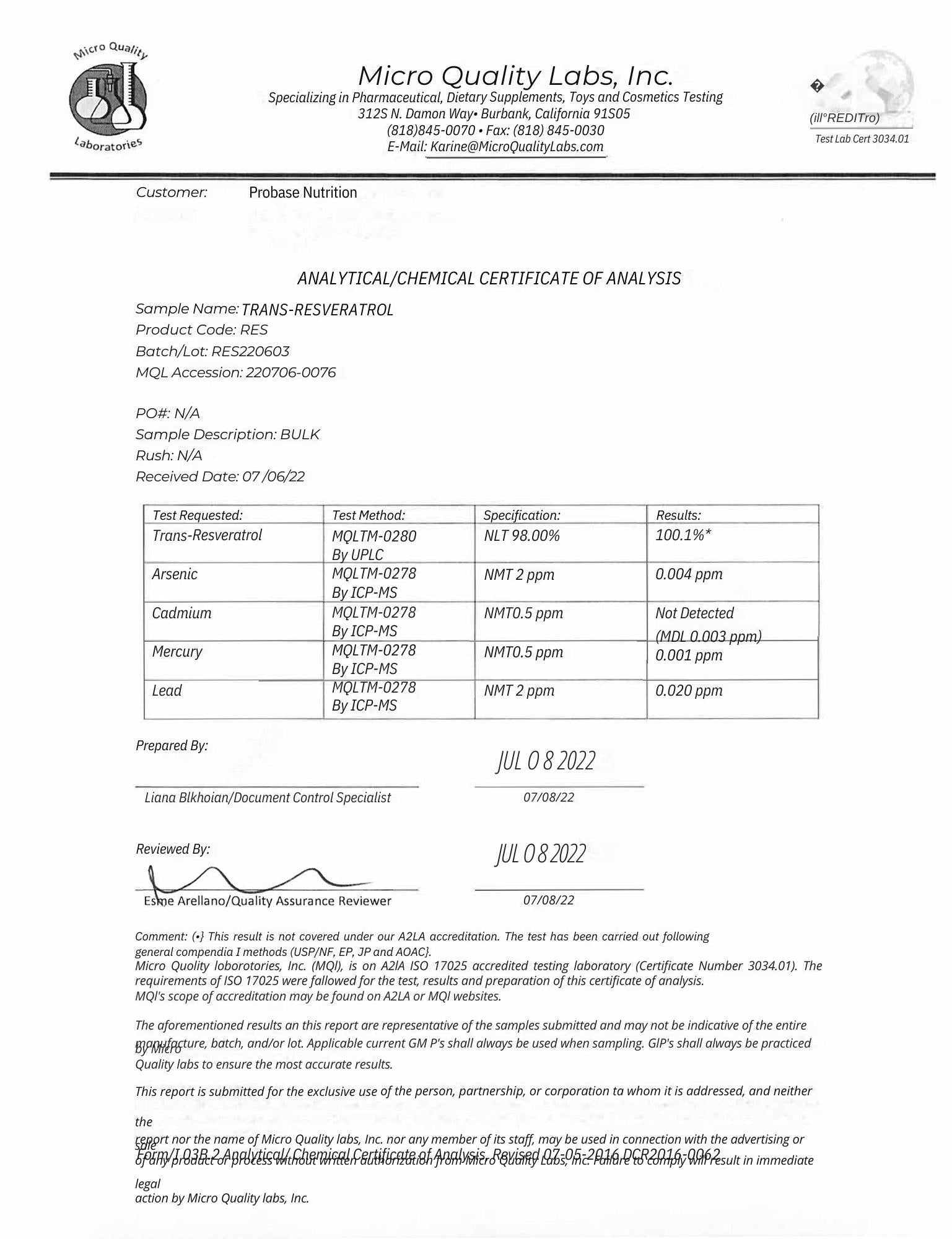 Analytical chemical certificate of analysis from Micro Quality Labs Inc.