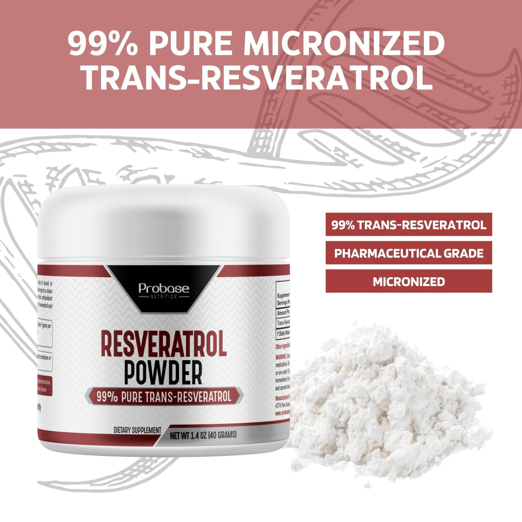 Resveratrol powder container with text highlighting purity and grade on a white background