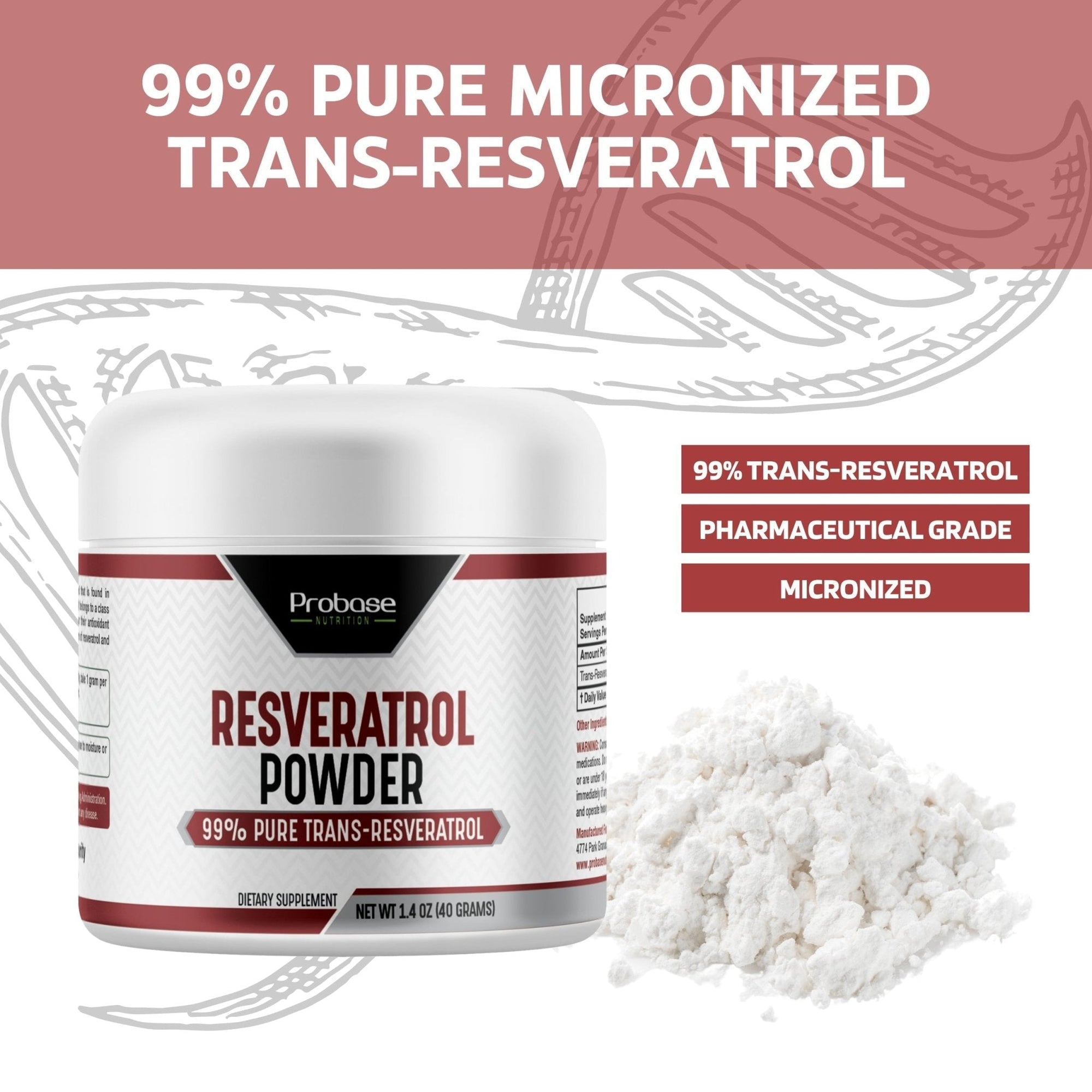 Resveratrol powder container with text highlighting purity and grade on a white background