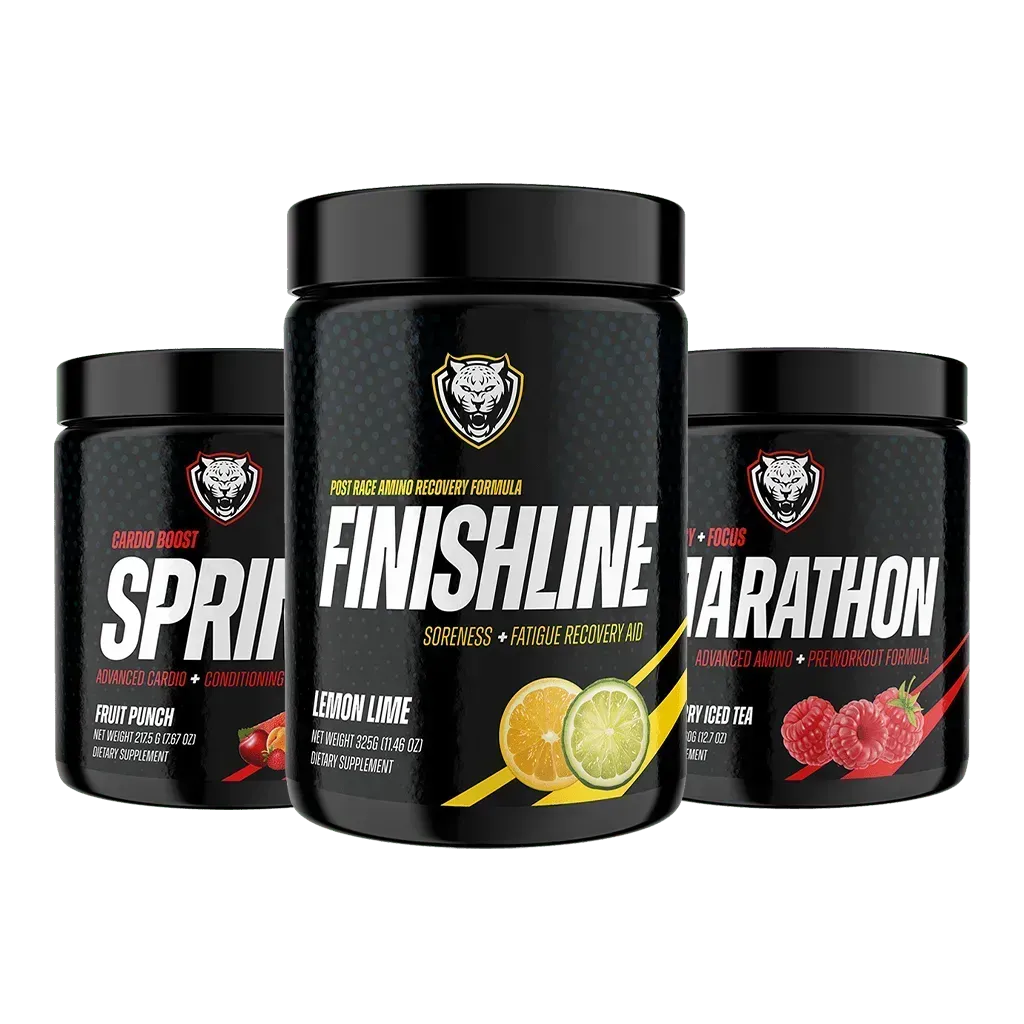 Three black supplement containers labeled 'Sprint', 'Finishline', and 'Marathon' on a white background.