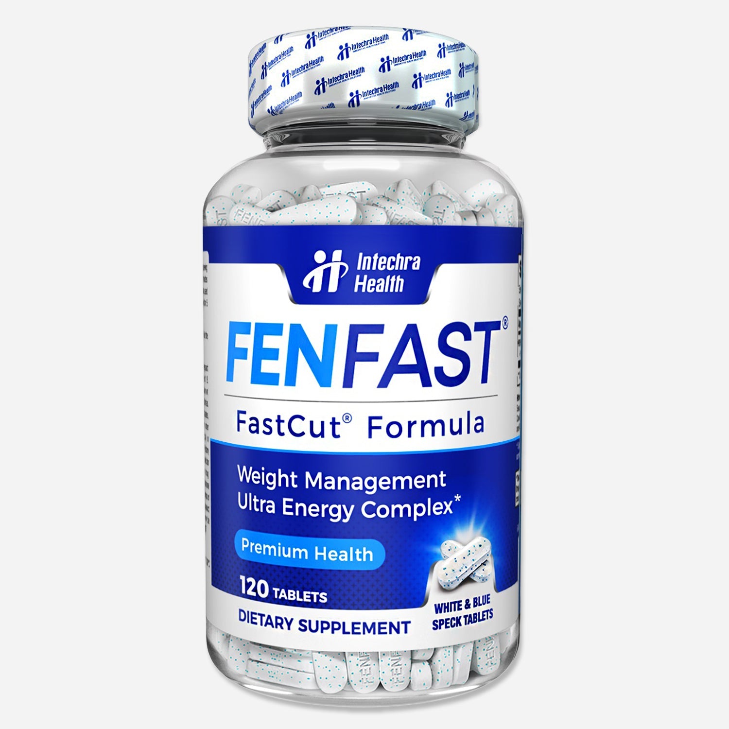 Bottle of Intechna Health FenFast FastCut Formula dietary supplement on a white background