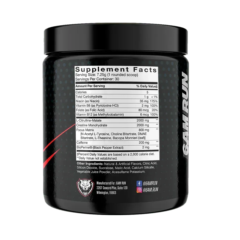 Black supplement container with supplement facts label on a white background