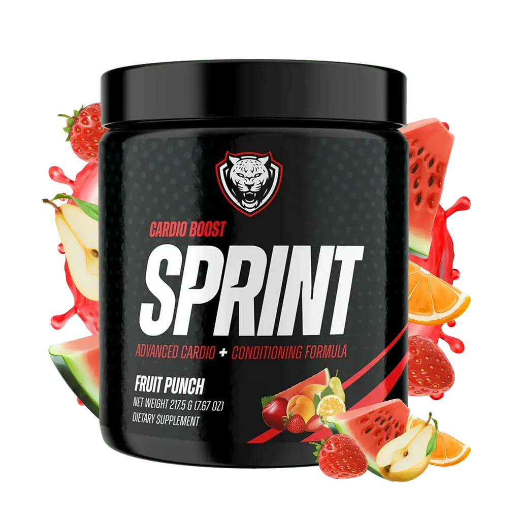Black supplement container labeled 'Sprint' with fruit-themed design on a white background