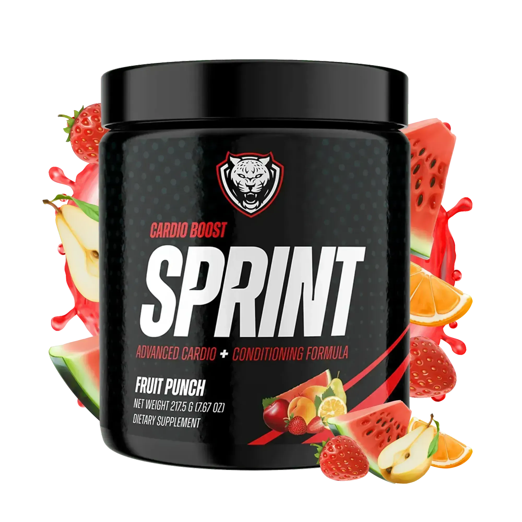 Black supplement container labeled 'Sprint' with fruit-themed design on a white background