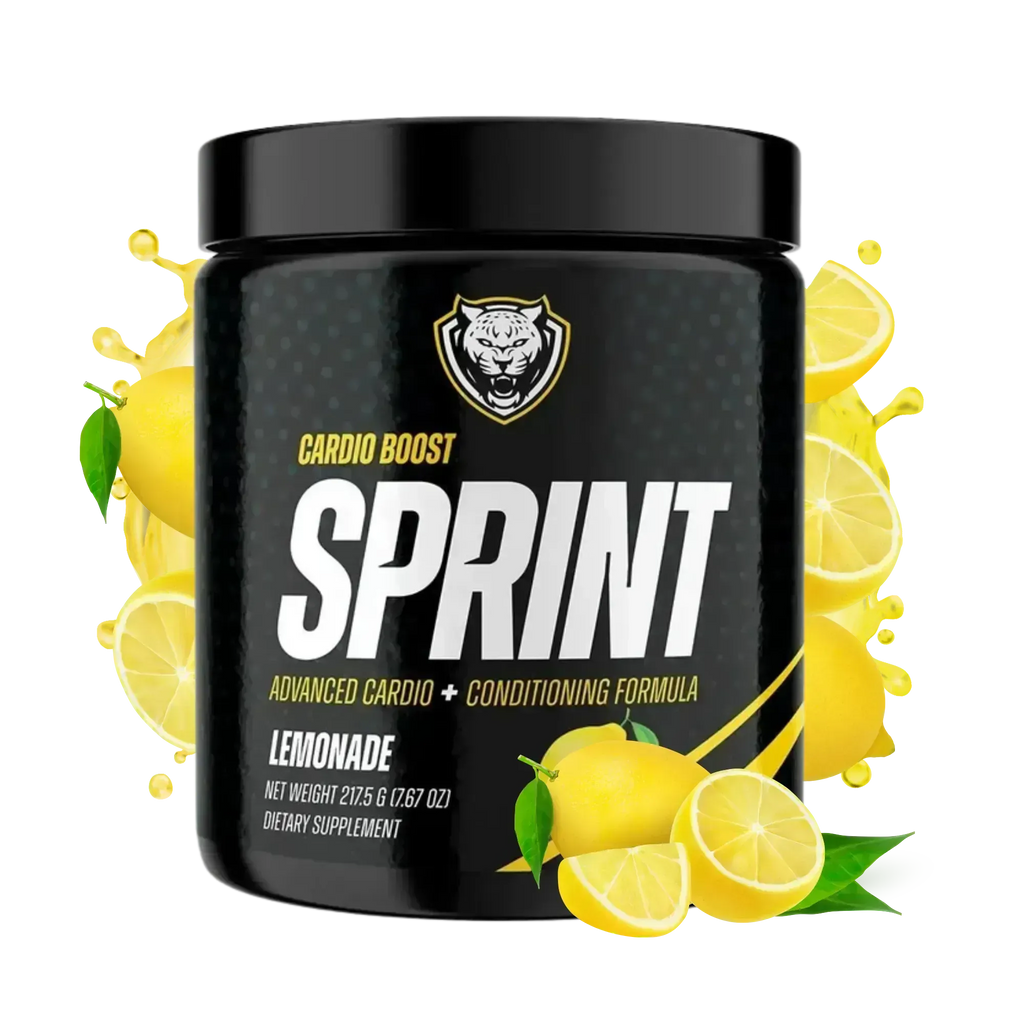Black supplement container labeled 'Sprint' with lemon graphics on a white background