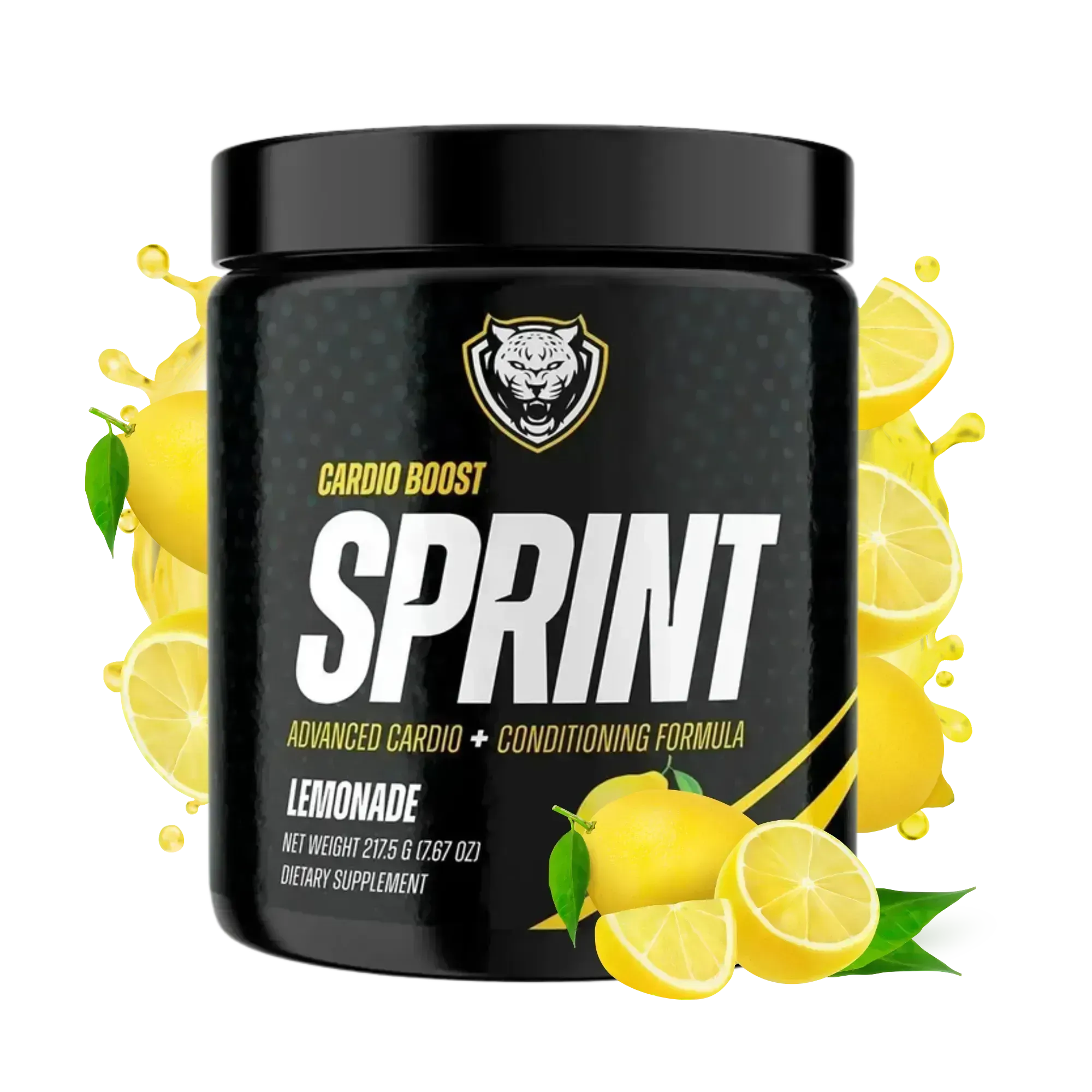 Black supplement container labeled 'Sprint' with lemon graphics on a white background