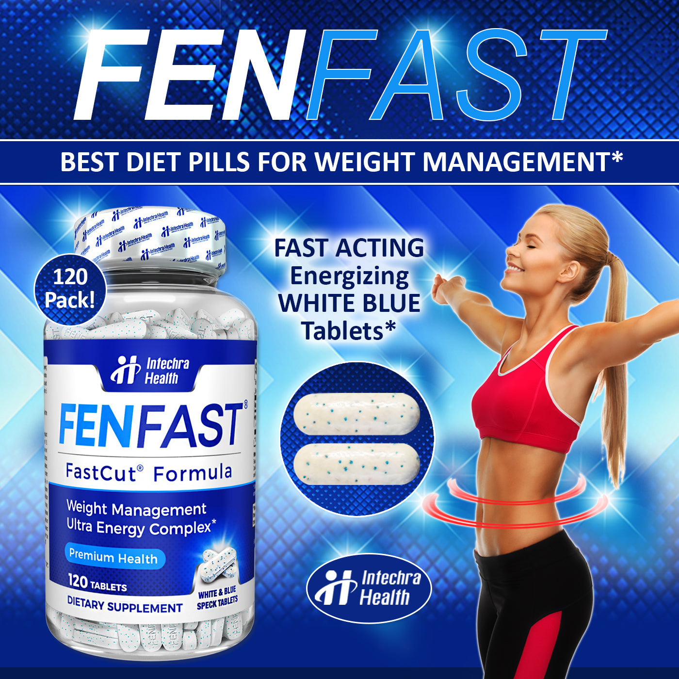 FenFast dietary supplement bottle with a woman in a red sports bra and black leggings on a blue background