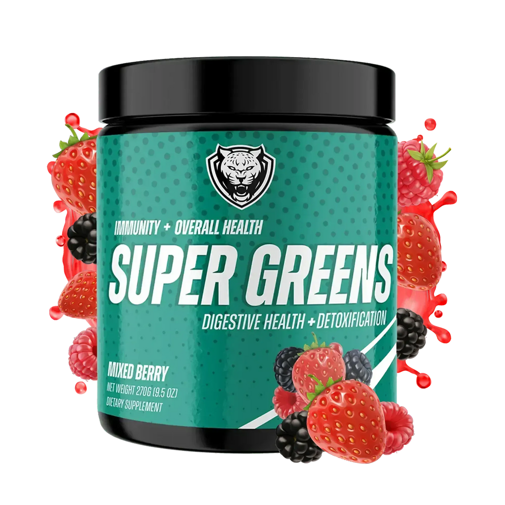 Super Greens supplement container with mixed berry flavor on a white background