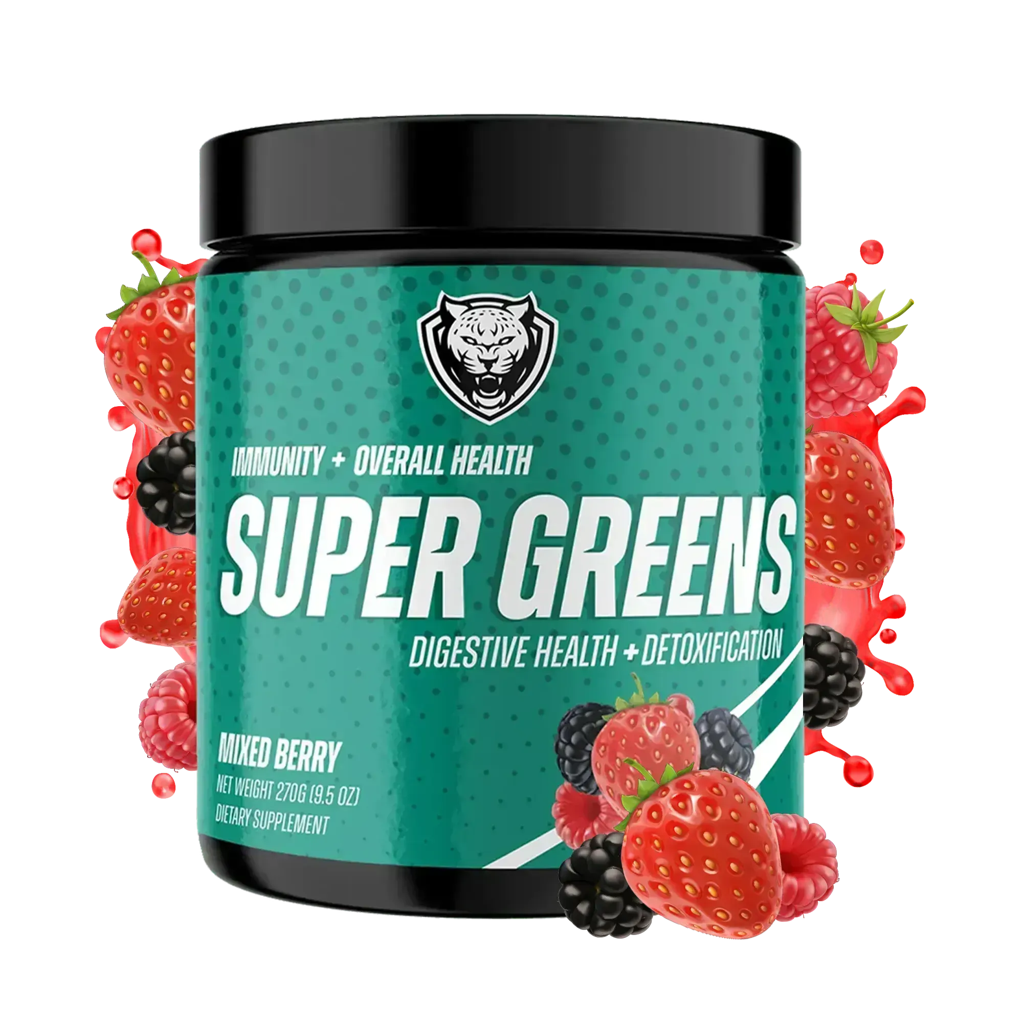 Super Greens supplement container with mixed berry flavor on a white background