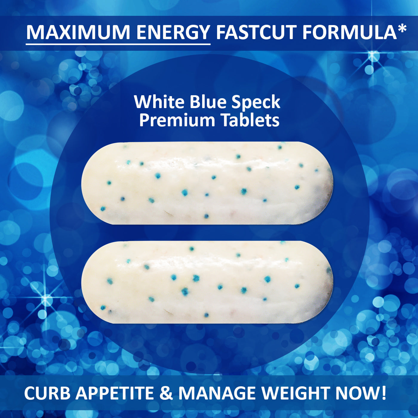 Two white blue speckled premium tablets on a blue background with promotional text.