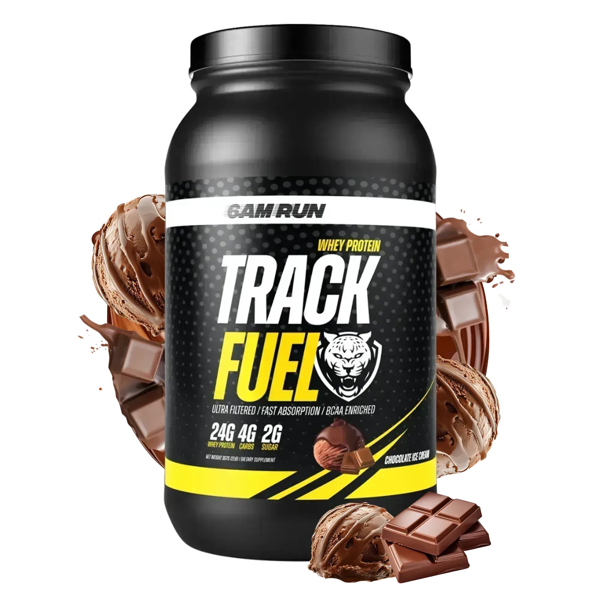 Black protein powder container labeled 'Track Fuel' with chocolate pieces on a white background
