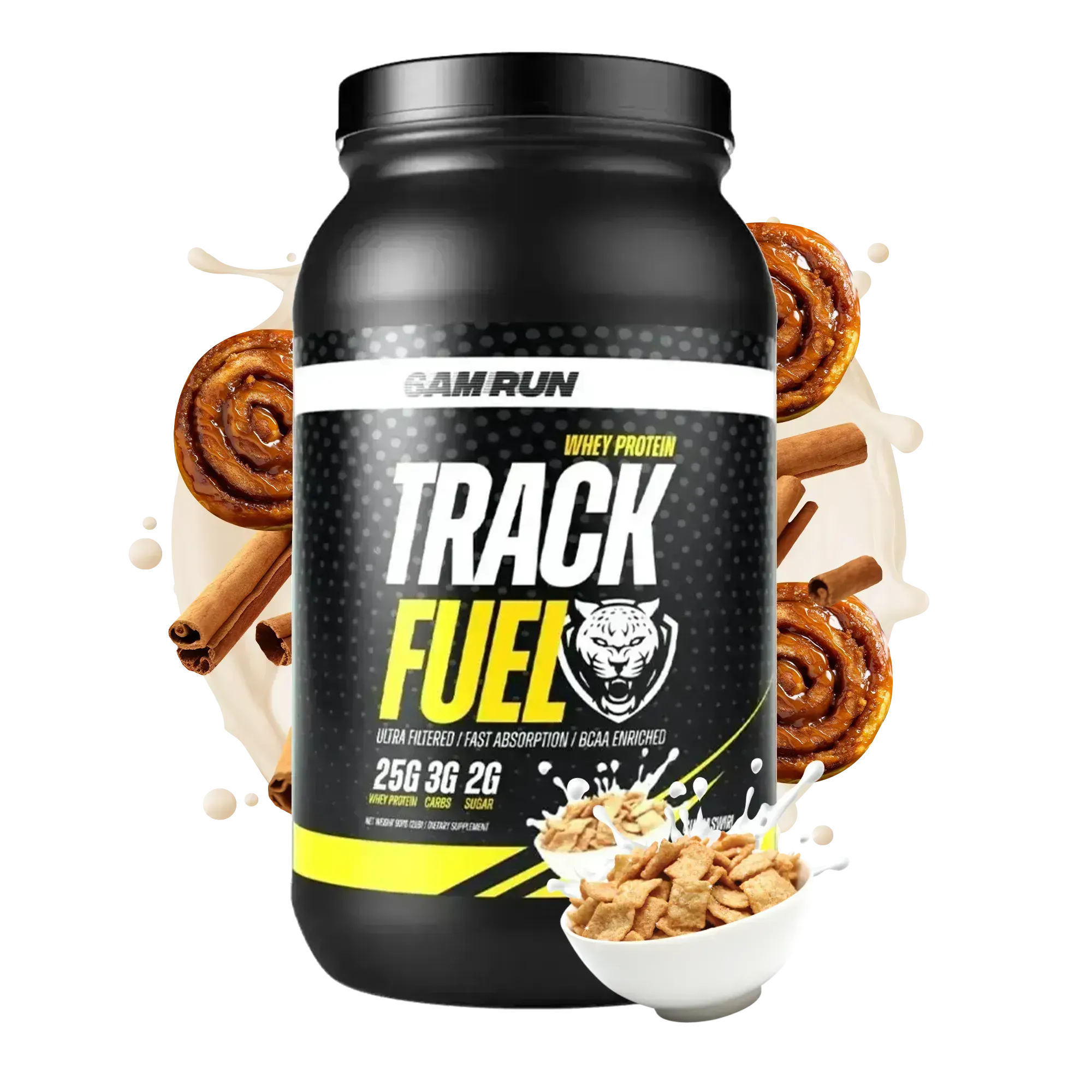 Black protein supplement container labeled 'Track Fuel' with cinnamon rolls and cereal in the background.