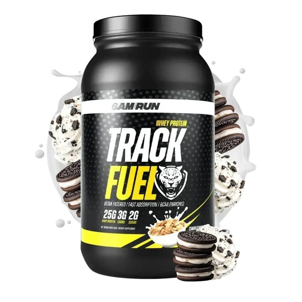 Black protein supplement container labeled 'Track Fuel' with cookies and cream flavor on a white background