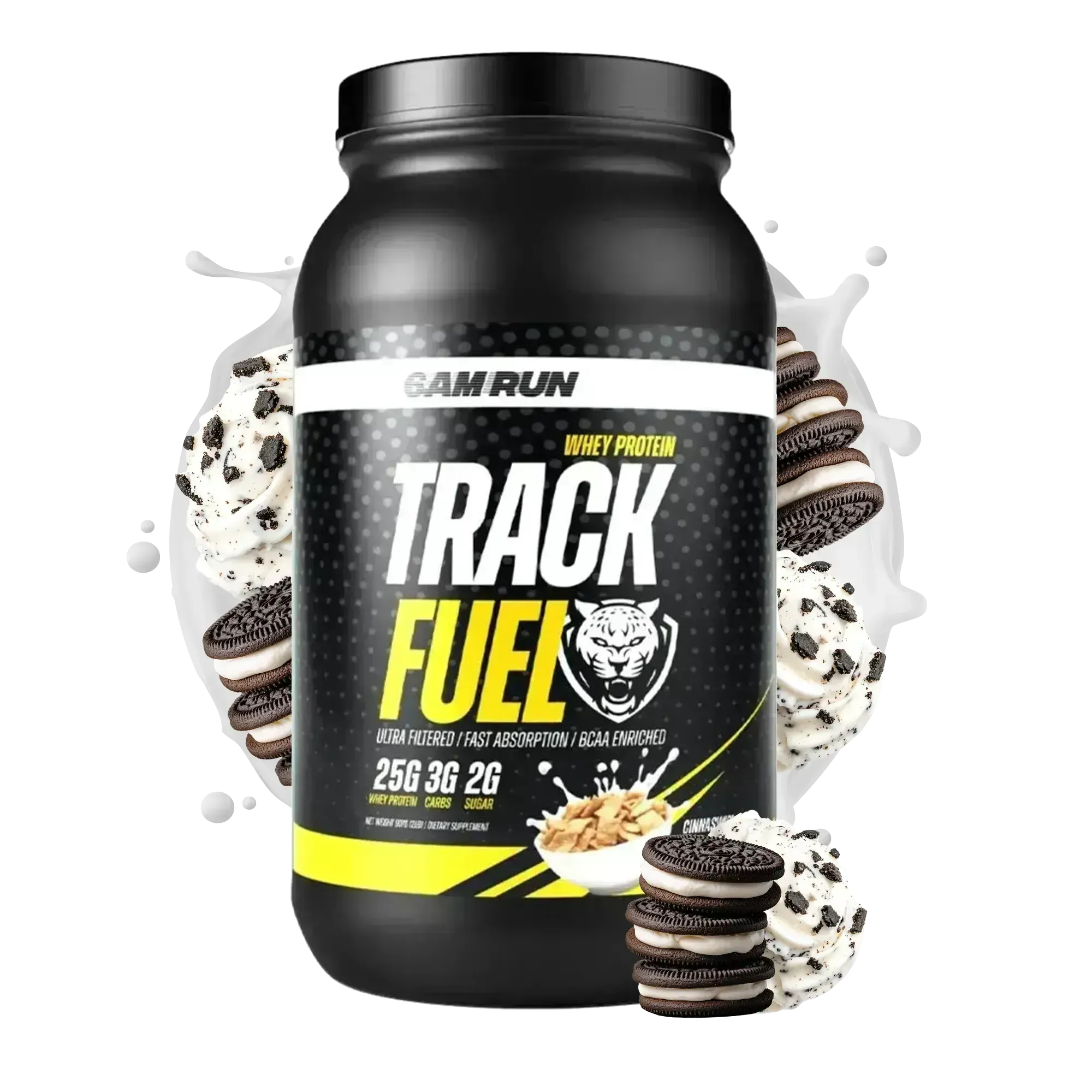 Black protein supplement container labeled 'Track Fuel' with cookies and cream flavor on a white background