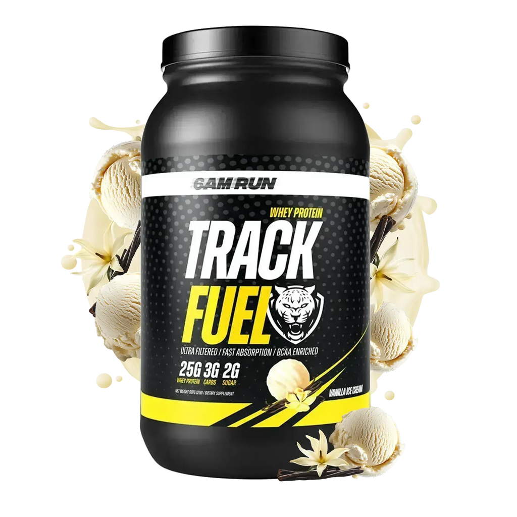 Black protein powder container with 'Track Fuel' branding on a white background with vanilla beans.