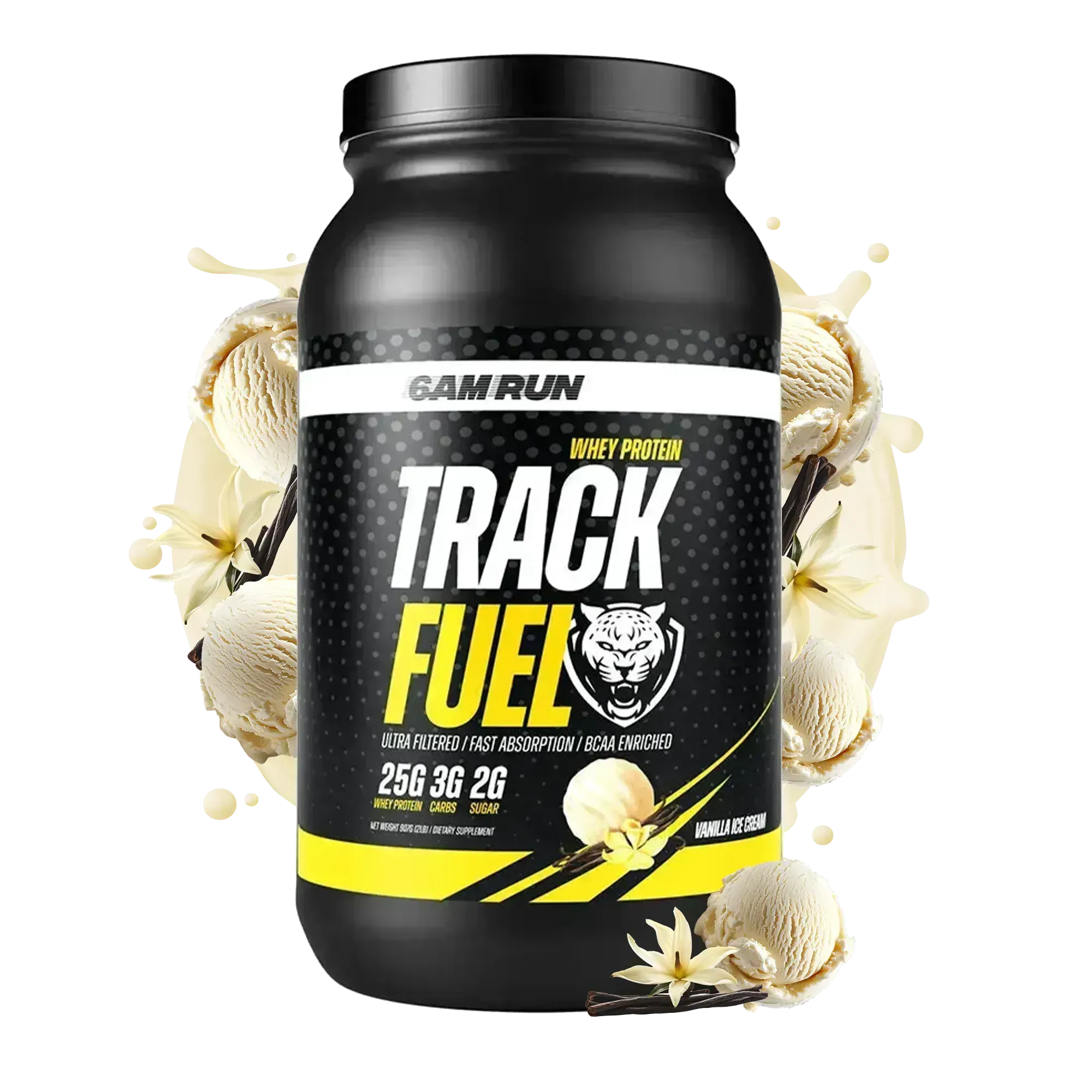 Black protein powder container with 'Track Fuel' branding on a white background with vanilla beans.