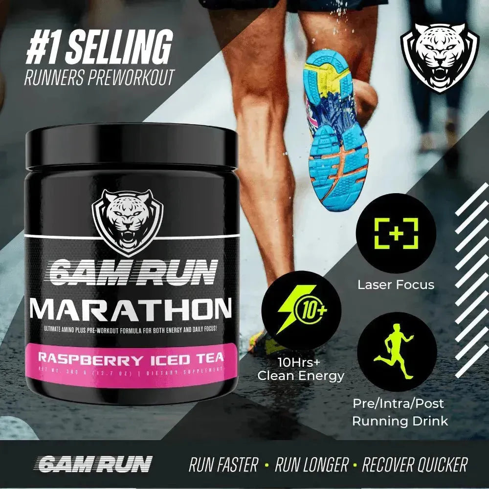 6AM Run Marathon pre-workout supplement with running-themed graphics and text.