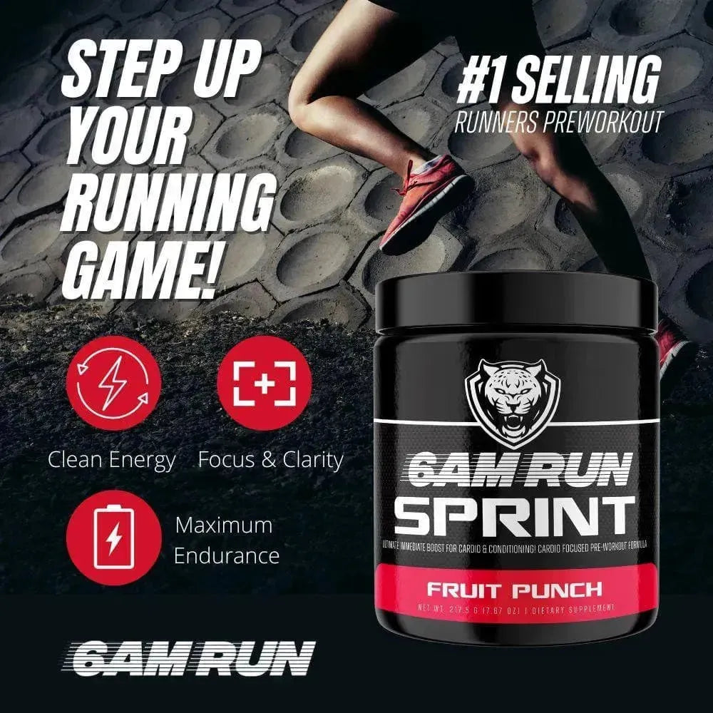 6AM Run Sprint preworkout supplement container with text promoting running and product benefits on a textured background.