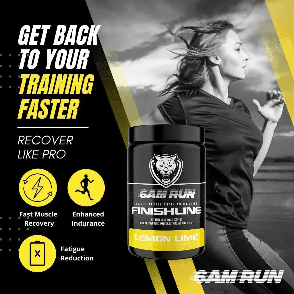 GAM Run Finishline supplement bottle with a running woman in the background