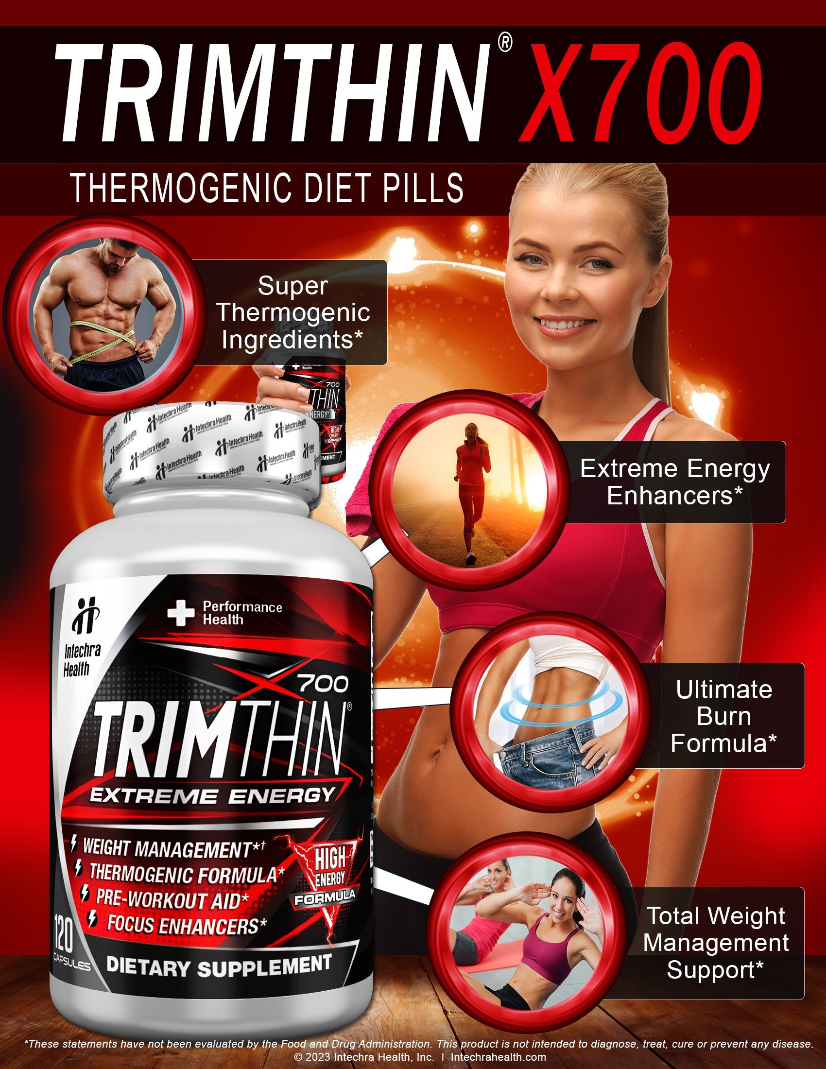 Advertisement for Trimthin X700 thermogenic diet pills with a woman and man on a red background