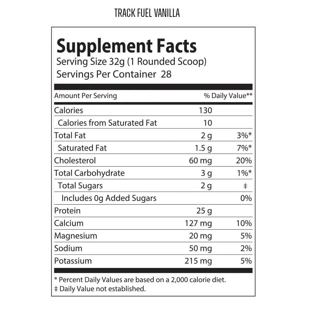 Supplement facts label for Track Fuel Vanilla on a white background