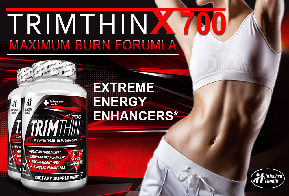 Advertisement for Trimthin X700 dietary supplement with a person in athletic wear on a red and black background.