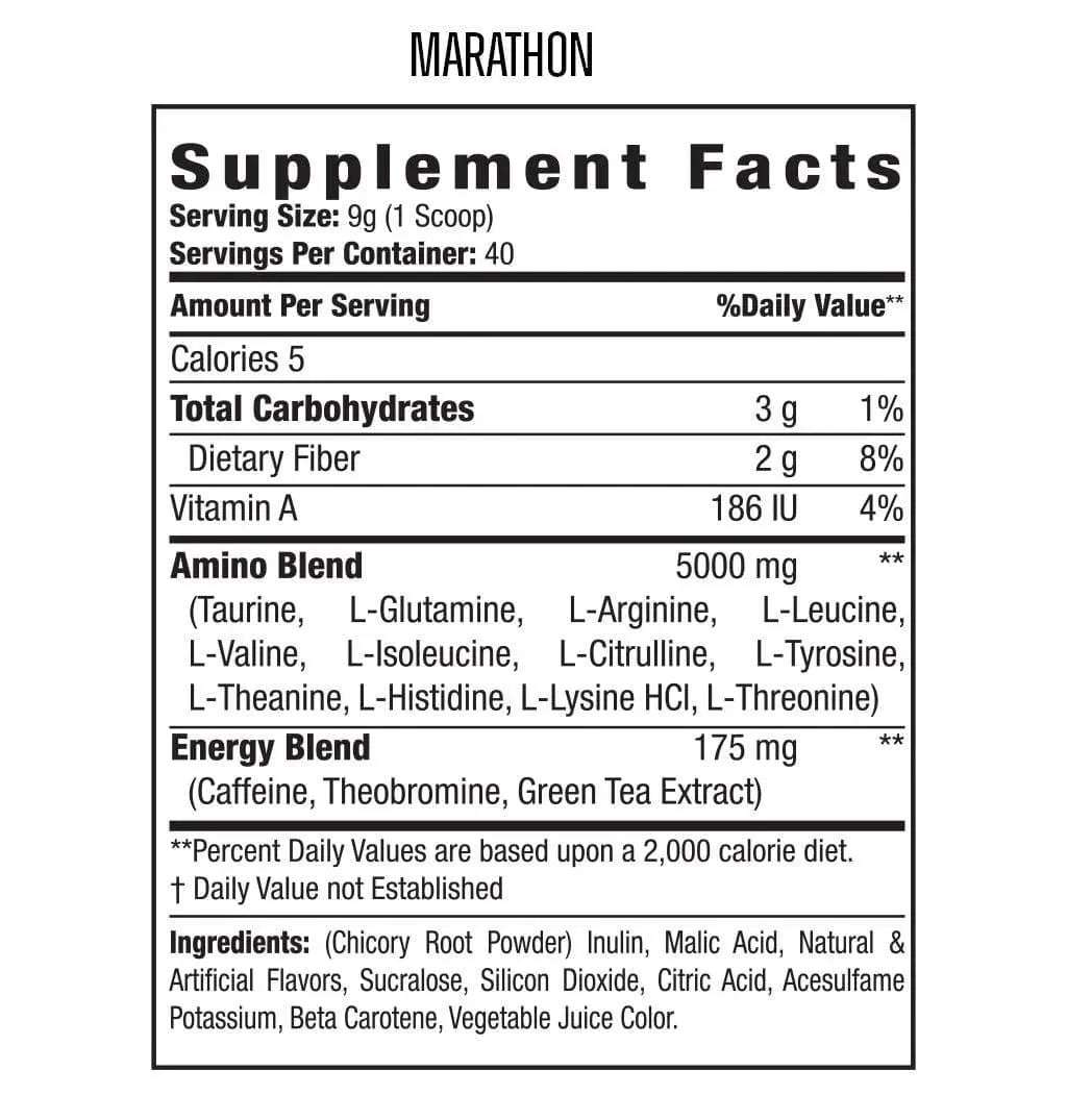 Supplement facts label for a product called 'Marathon' on a white background