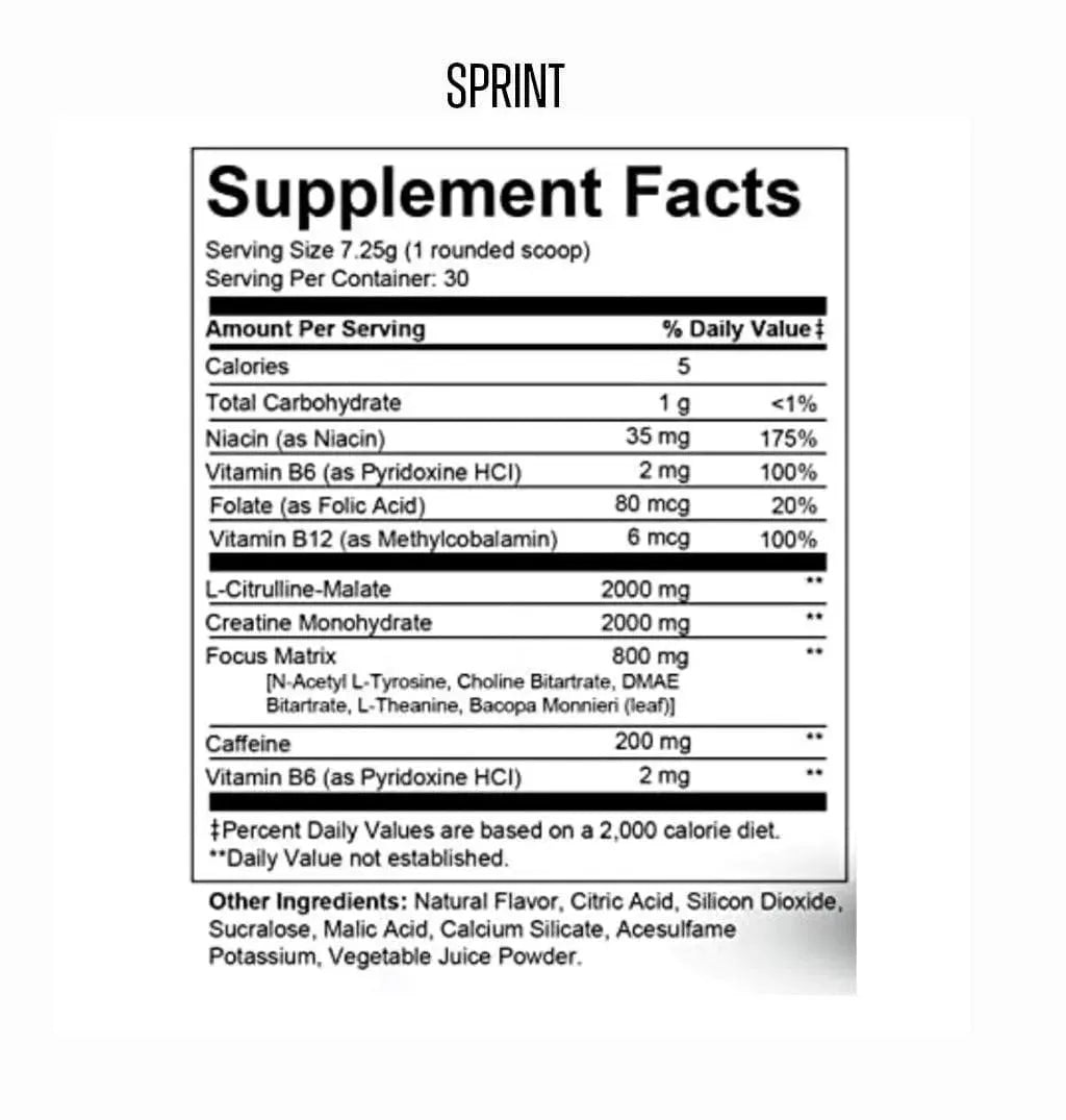 Supplement facts label for a product called 'Sprint' on a white background