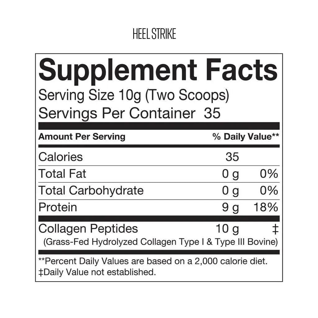 Supplement facts label for a product with 'Heelstrike' branding