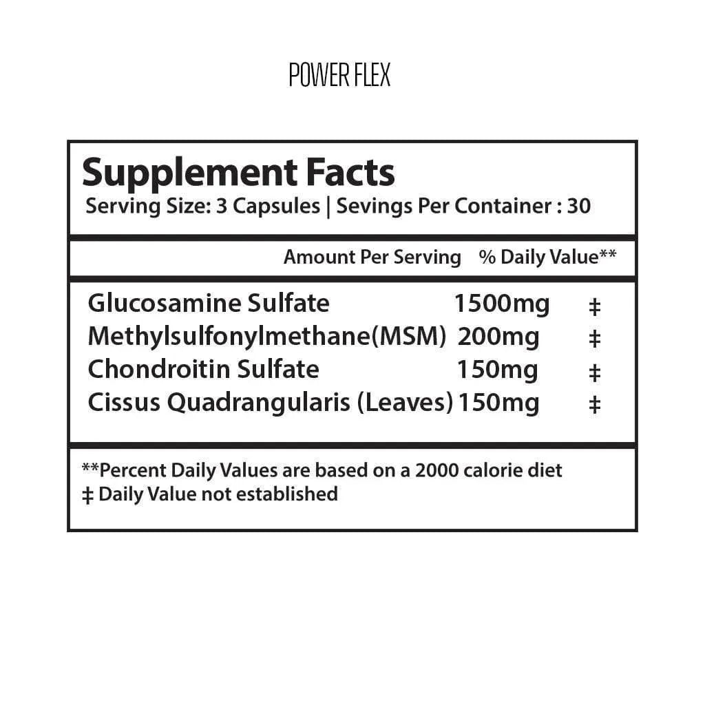 Supplement facts label for Power Flex with listed ingredients and serving sizes.