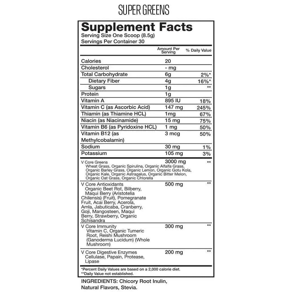 Supplement facts label for a product called 'Super Greens' on a white background.