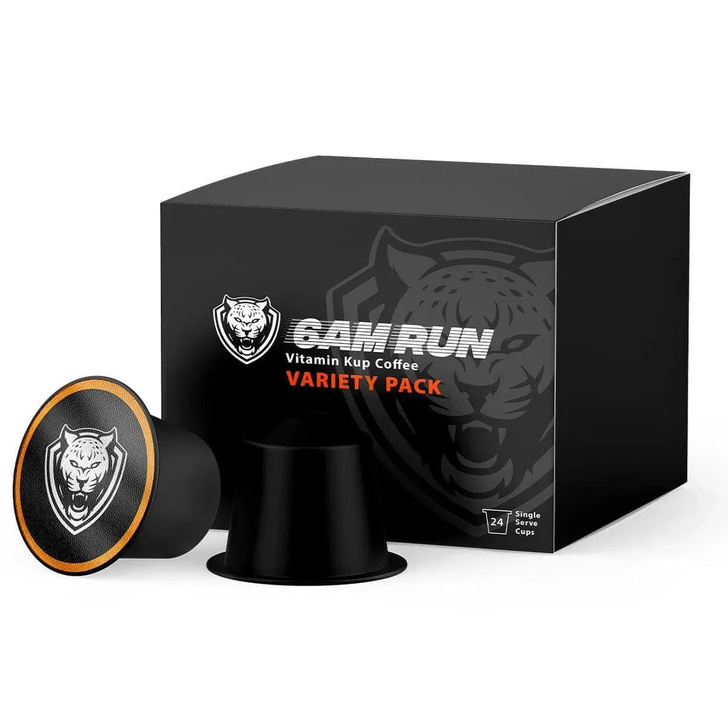GAM RUN Vitamin Kup Coffee Variety Pack with black coffee pods on a white background