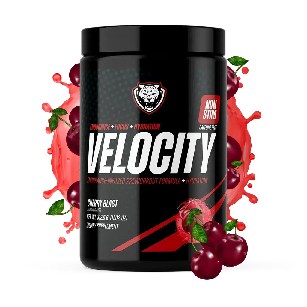 Black supplement container labeled 'Velocity' with cherry blast flavor on a white background