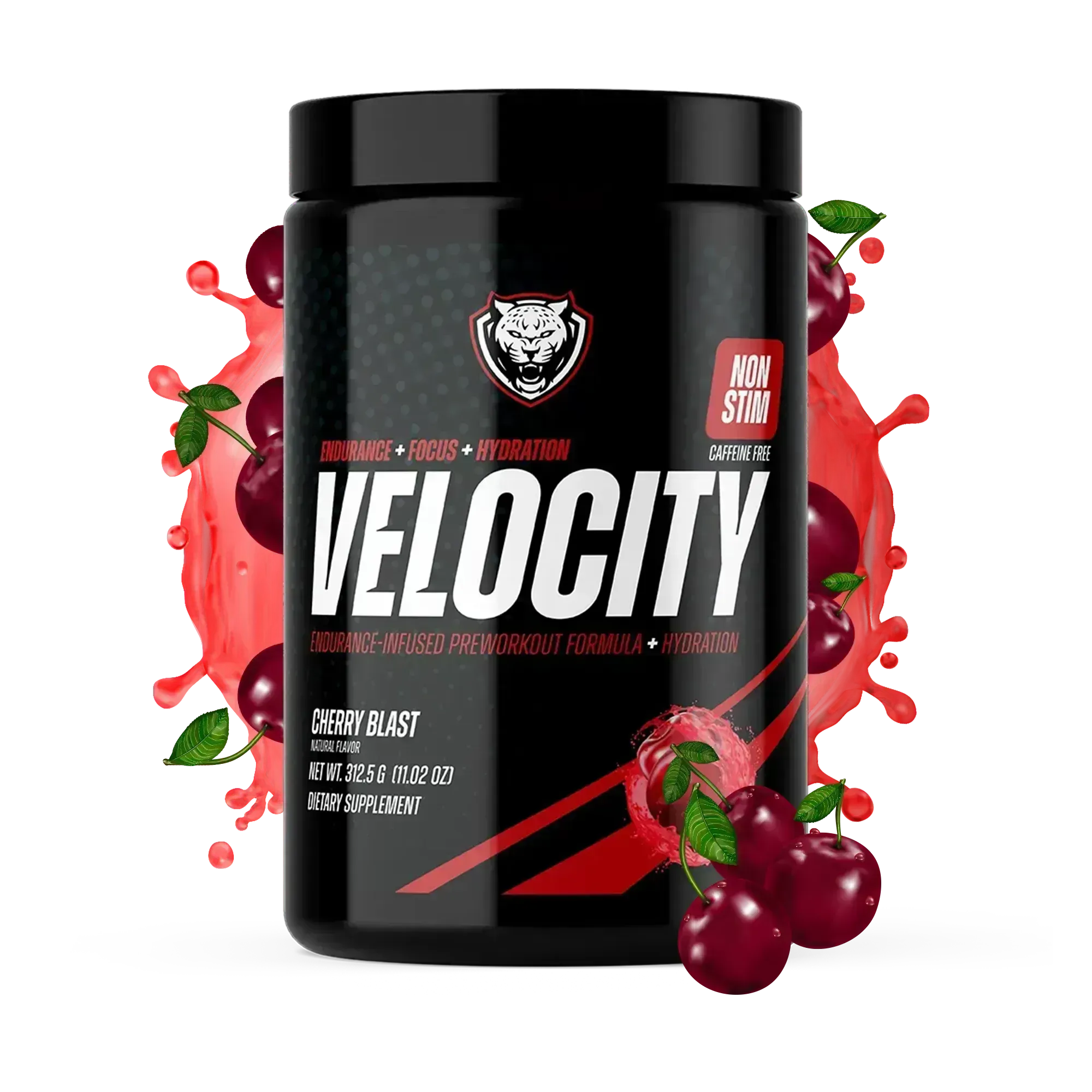 Black supplement container labeled 'Velocity' with cherry blast flavor on a white background