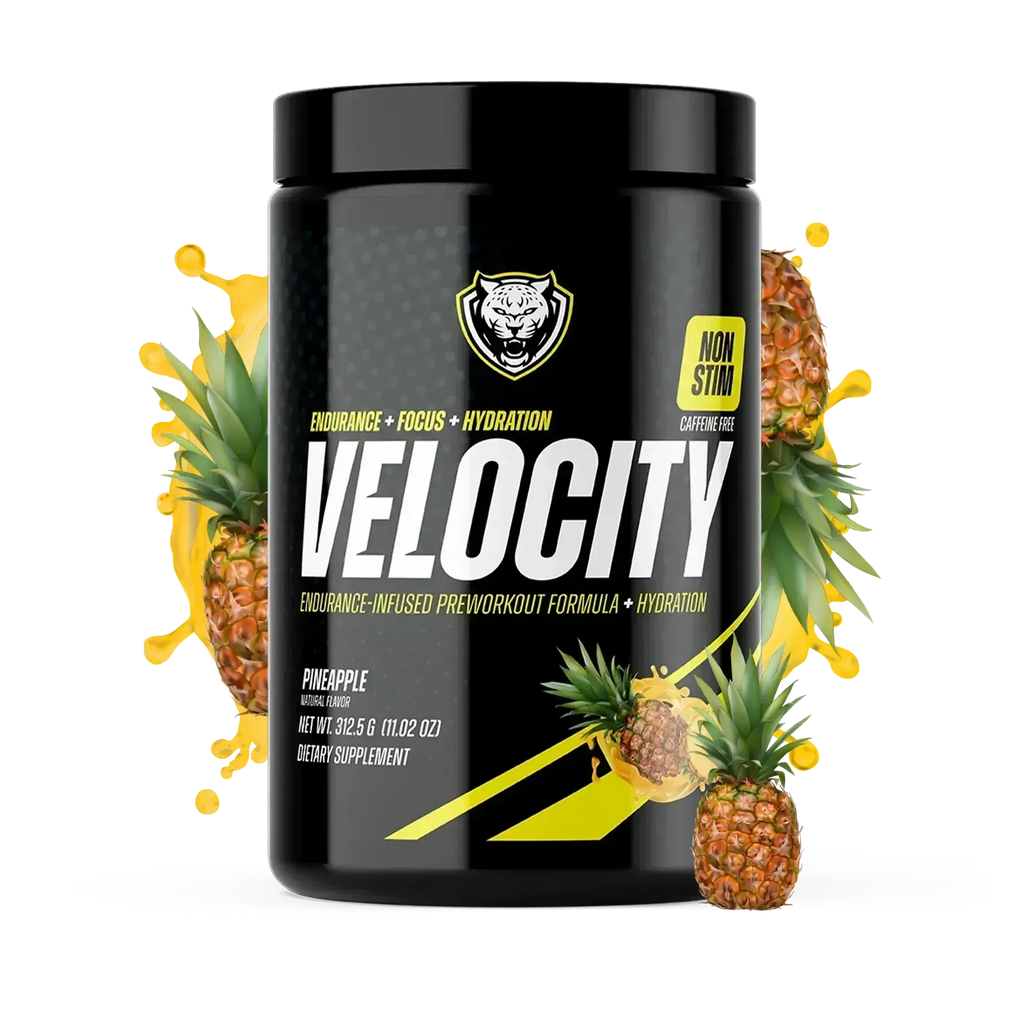 Black supplement container labeled 'Velocity' with pineapples on a white background