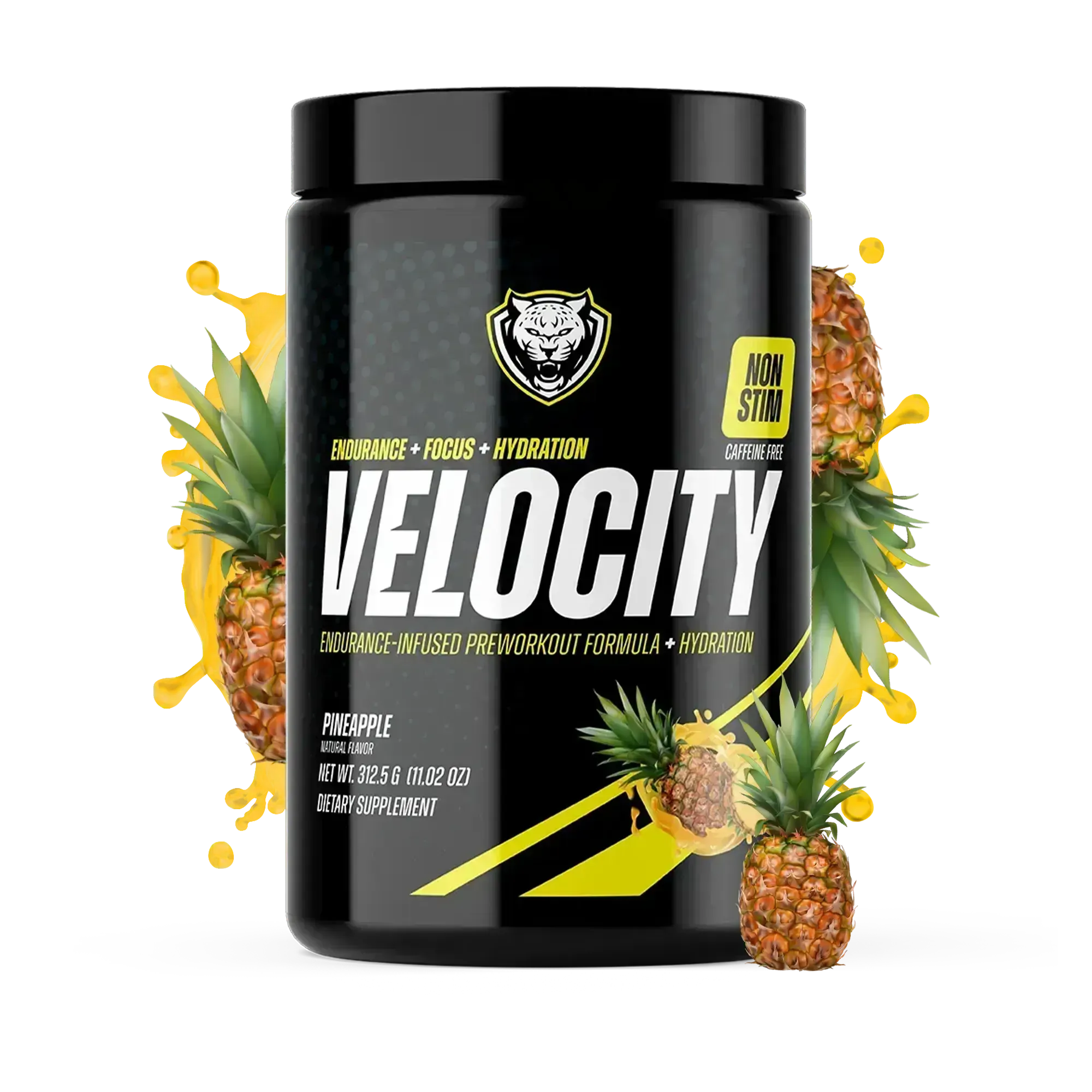 Black supplement container labeled 'Velocity' with pineapples on a white background