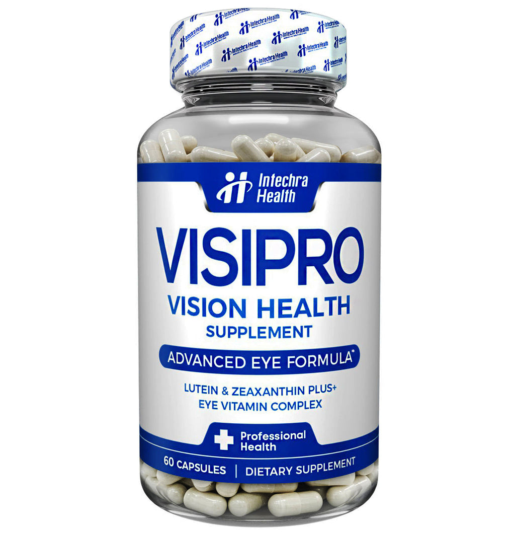 Visipro Vision Health Supplement bottle with white capsules on a white background