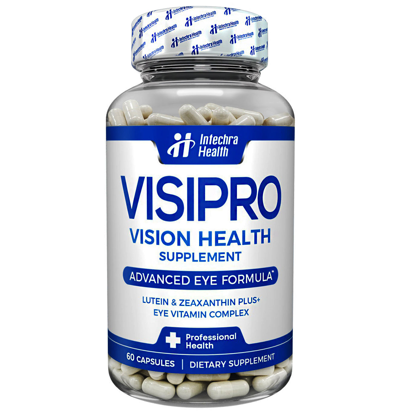 Visipro Vision Health Supplement bottle with white capsules on a white background