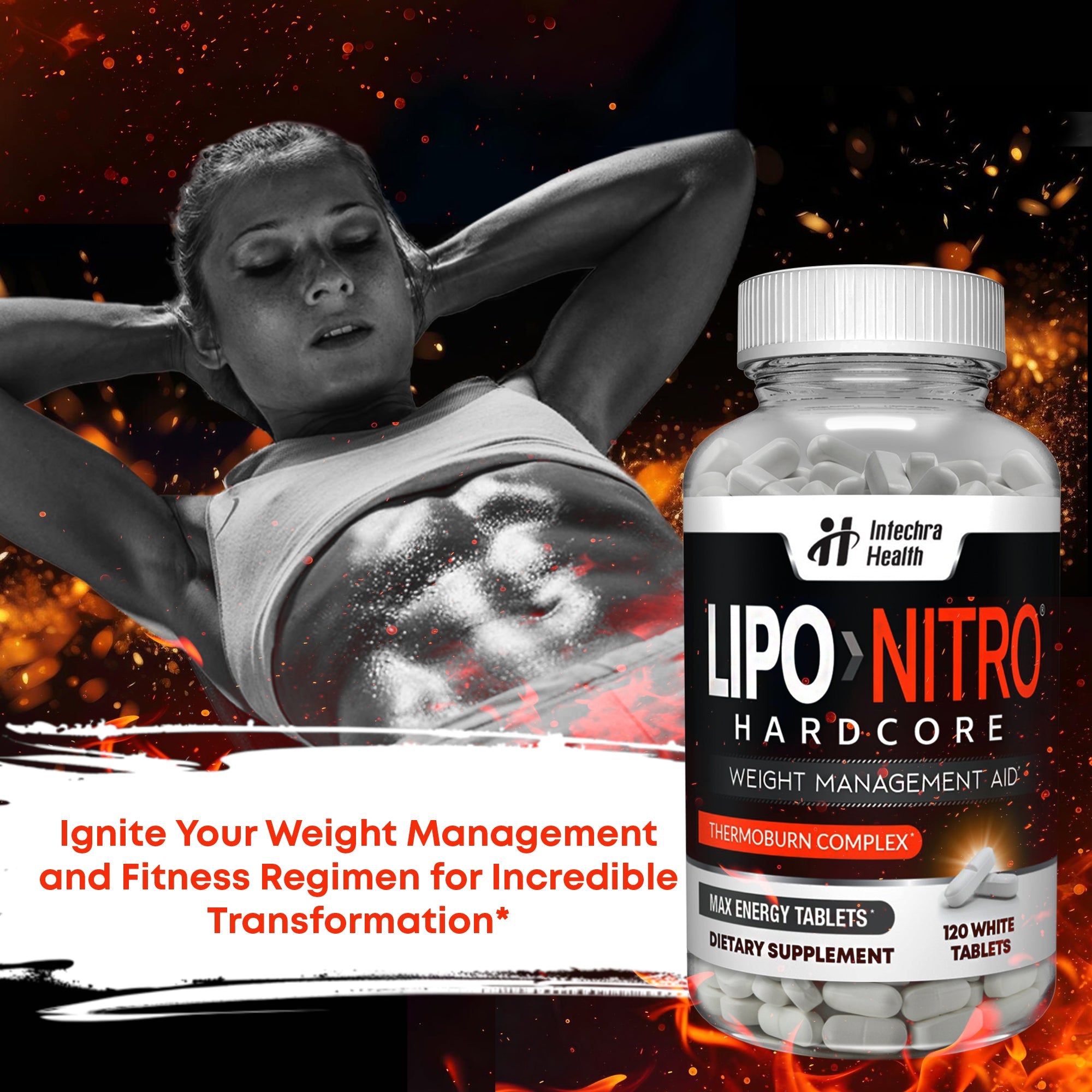 Bottle of Lipo Nitro Hardcore supplement with a woman exercising in the background