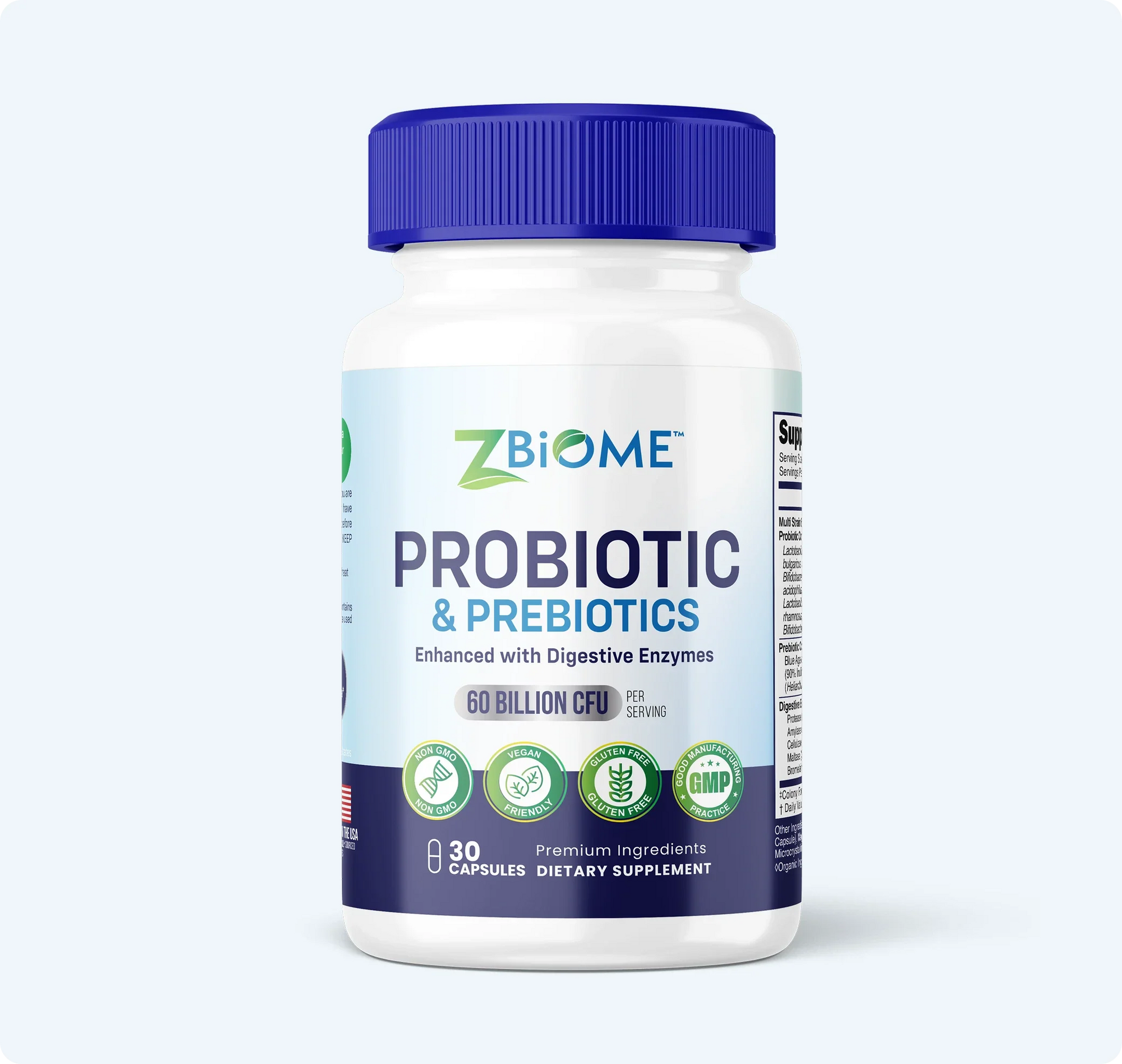 ZBiome probiotic and prebiotics supplement bottle on a white background