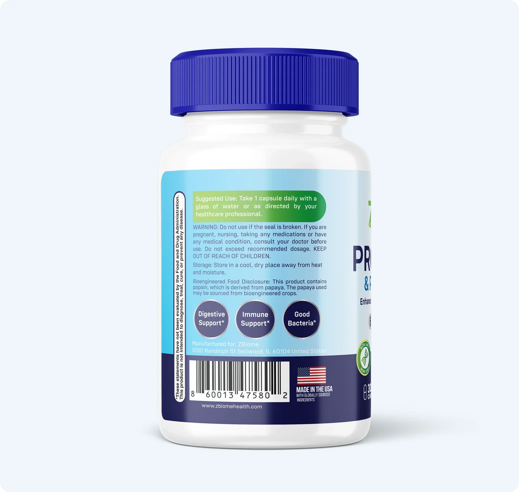 Supplement bottle with blue cap and label on a white background