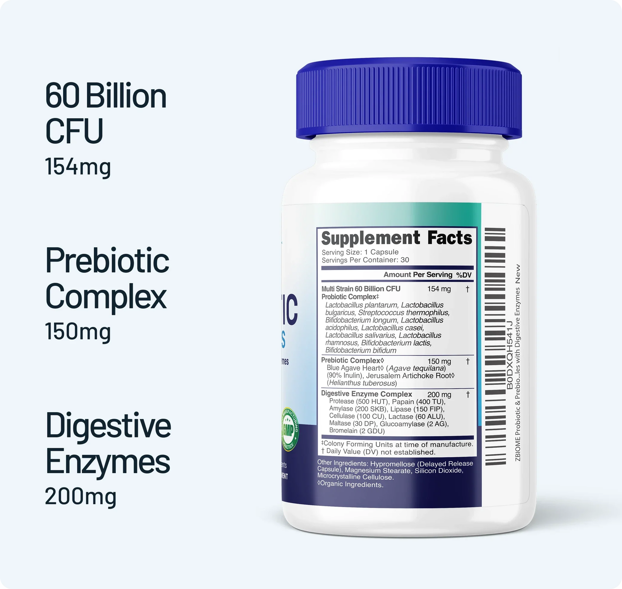 Supplement bottle with label details on a white background